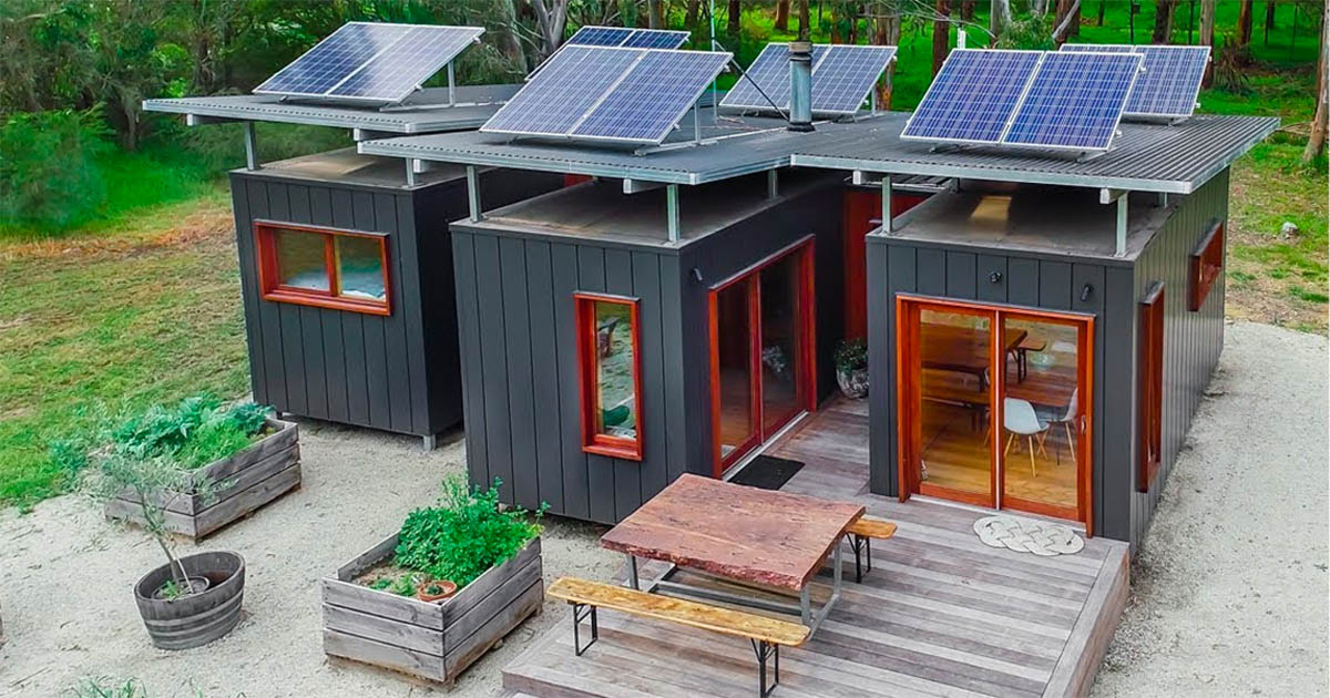 shipping container home grey solar panels