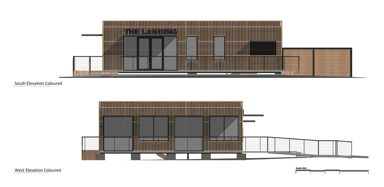 converted shipping container restaurant south west side elevations
