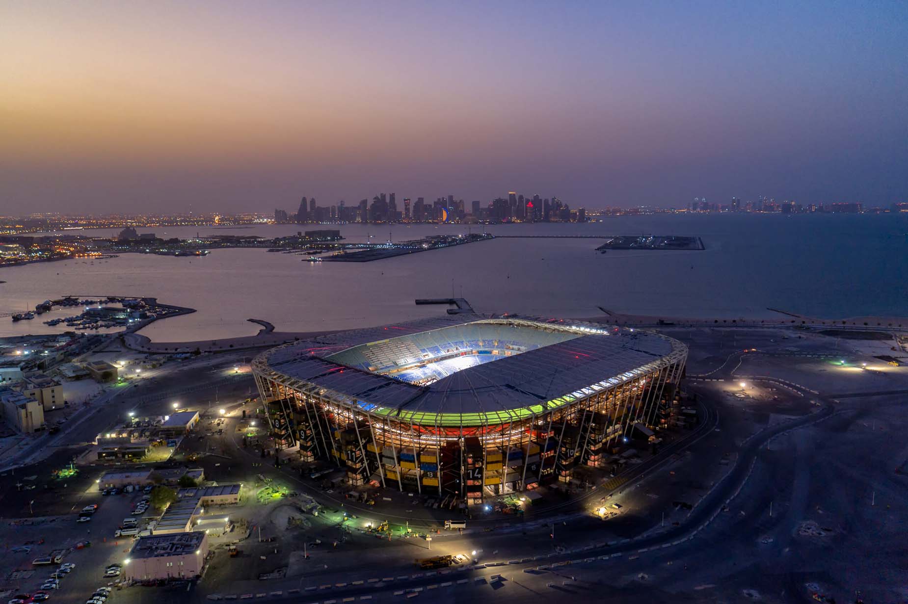 sunset aerial view doha city stadium