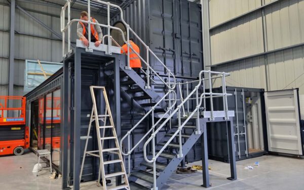 shipping container external staircase assembly
