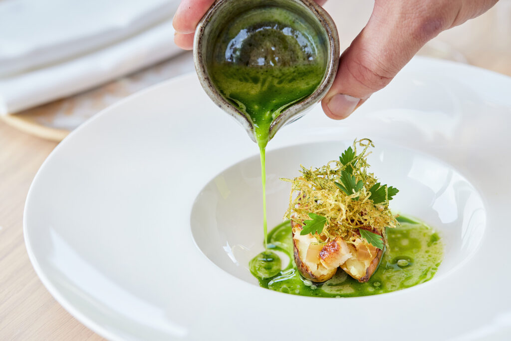 fine dining pea puree roast potato white bowl