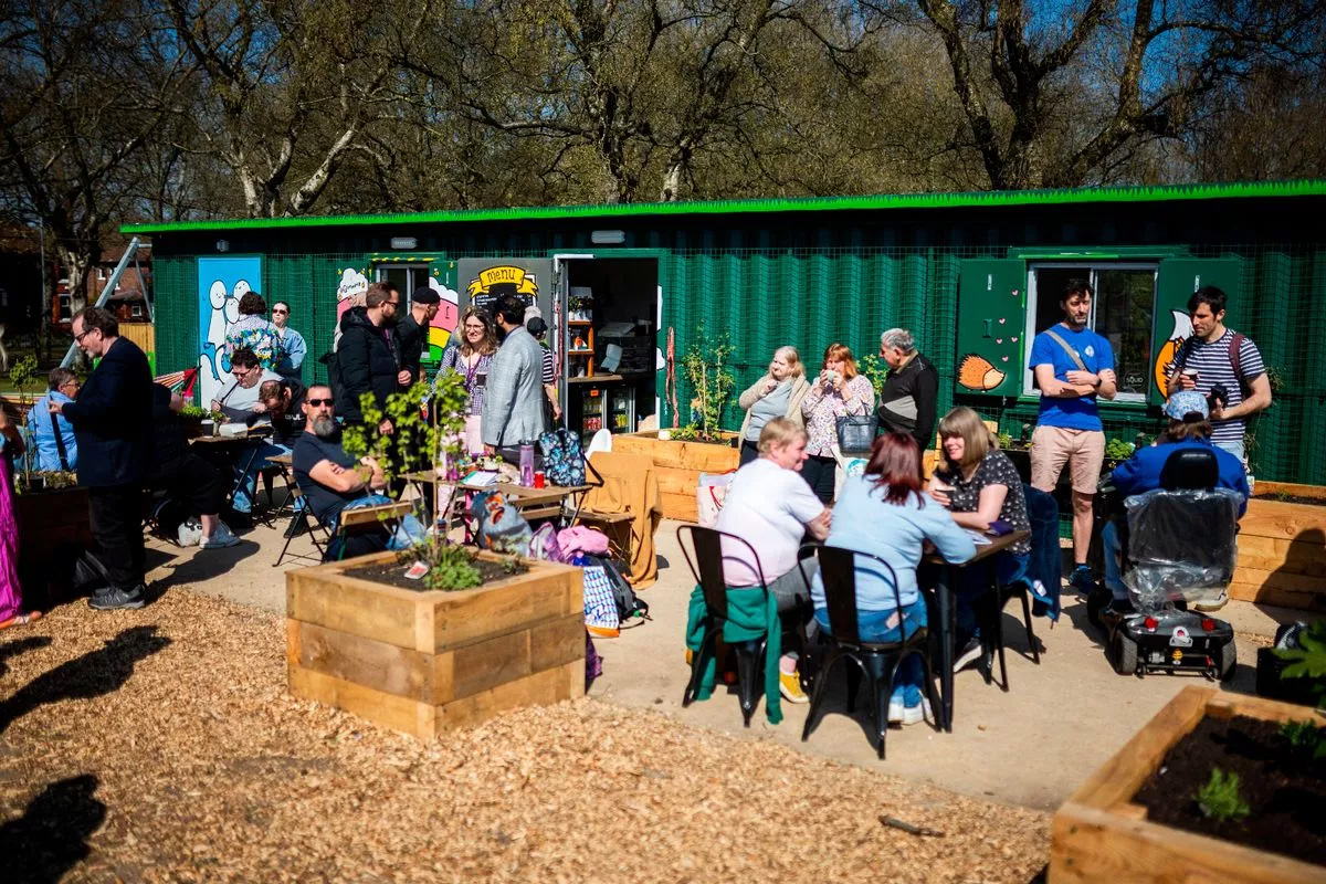 40ft Shipping Container Cafe in Manchester's Park diners gathering