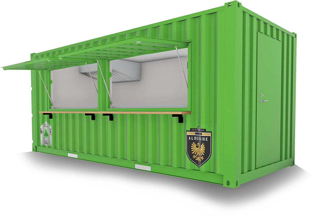 branded green shipping container football foundation catering unit