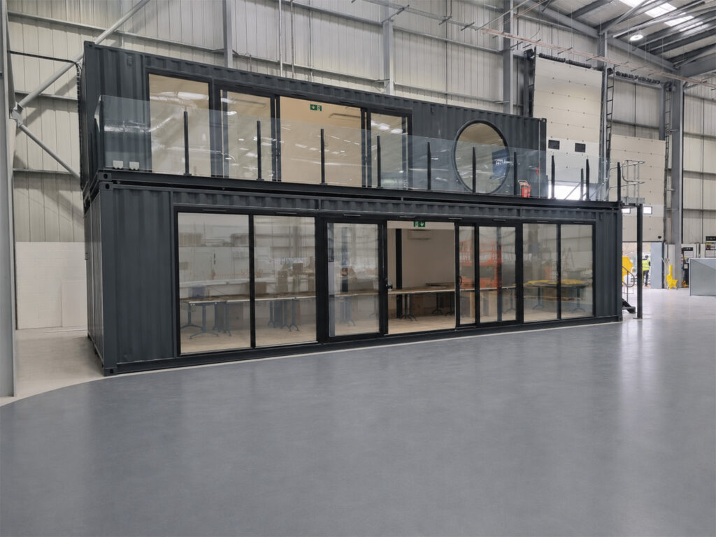 Warehouse Internal Modular Office two storey grey paint mezzanine glass barrier railings